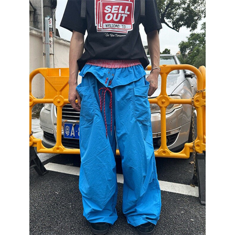 CP1238-P47美式复古格子撞色褶皱工装伞兵裤男宽松阔腿弯刀裤,男装工装外套,电商B323A