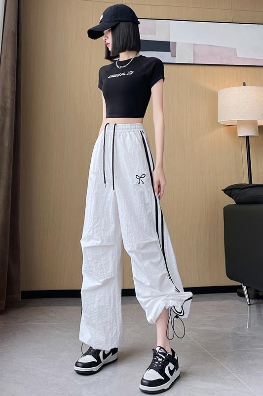 白色韩系蝴蝶结休闲裤女夏季薄款辣妹工装裤宽松速干运动裤潮,女装休闲裤,梦白服饰厂