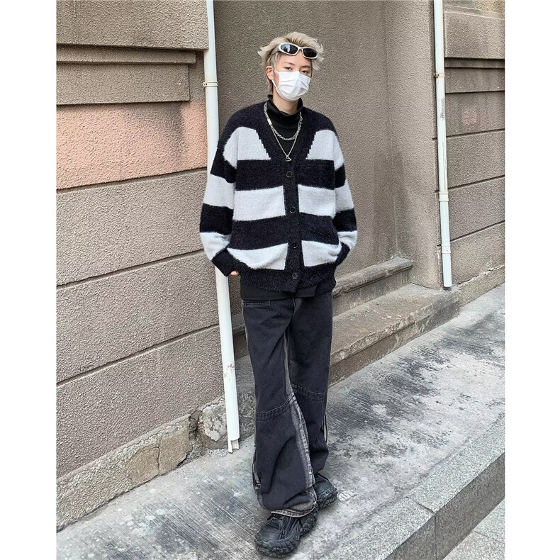 条纹撞色开衫毛衣男秋冬新款潮流宽松慵懒日系复古V领针织衫外套,男装针织衫/毛衣,星座1210-1
