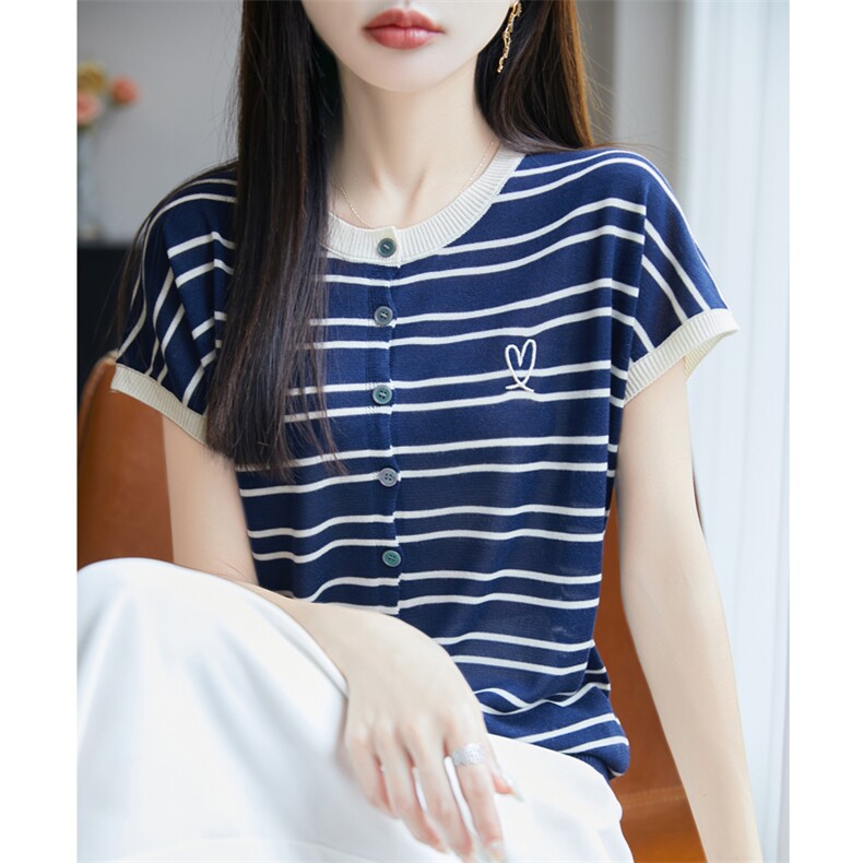 夏季100%天丝针织短袖T恤女圆领条纹爱心刺绣上衣宽松半袖打底衫,女装T恤,源达羊绒