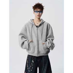 可二开条纹M-5XL大码34%棉66%涤纶连帽开衫卫衣男WY78194P88控138图片