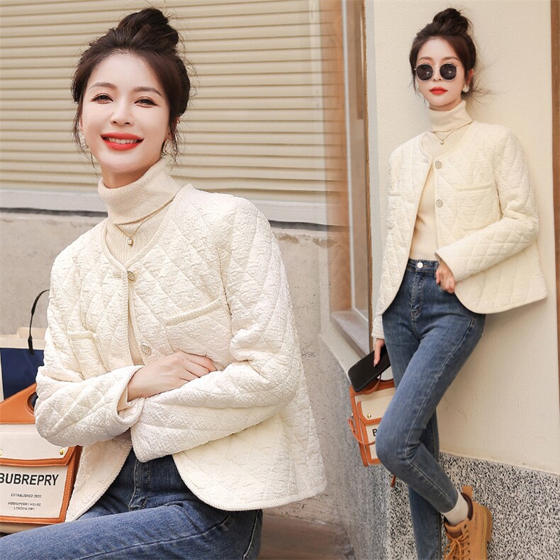 现货主推-2024冬季新款韩版气质菱形格泡泡圆领小香风棉服外套女，女装棉衣/棉服，霓裳依族