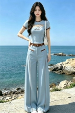 松弛感时尚减龄套装女夏季新款圆领印花短袖上衣阔腿长裤两件套潮，女装套装/套裙，江南