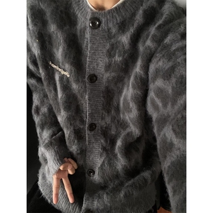 复古美式豹纹提花马海毛开衫毛衣男女秋冬慵懒针织衫外套 MY347图片