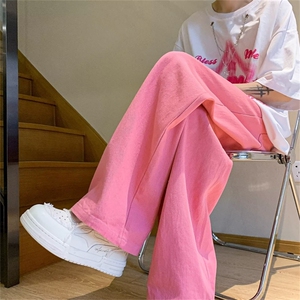 美式炸街粉色牛仔裤女高腰宽松直筒ins潮高街阔腿裤子HN9113-p46图片