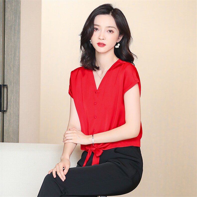 重磅真丝短袖衬衫女夏季2025新款气质V领设计感桑蚕丝短款上衣潮,女装衬衫,阿舍尔精品
