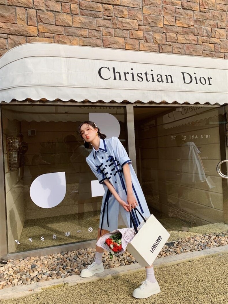 蓝色蝴蝶结衬衣裙，女装，YOUER DENG