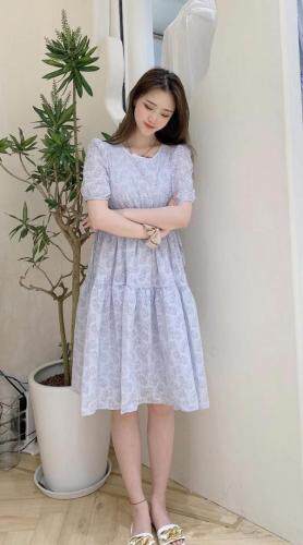 现货夏季新款蓝色印花连衣裙，女装连衣裙，薇化