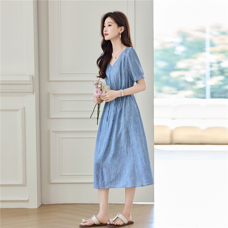 天丝亚麻连衣裙女2025夏季新款宽松V领高级感爆款中长款薄裙子,女装连衣裙,素月