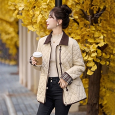 格纹撞色拼接菱形格夹棉外套女2024秋冬新款抽绳收腰轻薄保暖棉衣，女装棉衣/棉服，依如秀(原杭风阁)