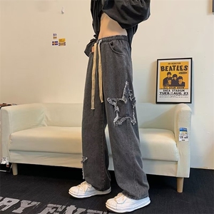复古牛仔裤男春秋季美式高街潮牌宽松直筒松紧腰拖地裤N3082-P45图片
