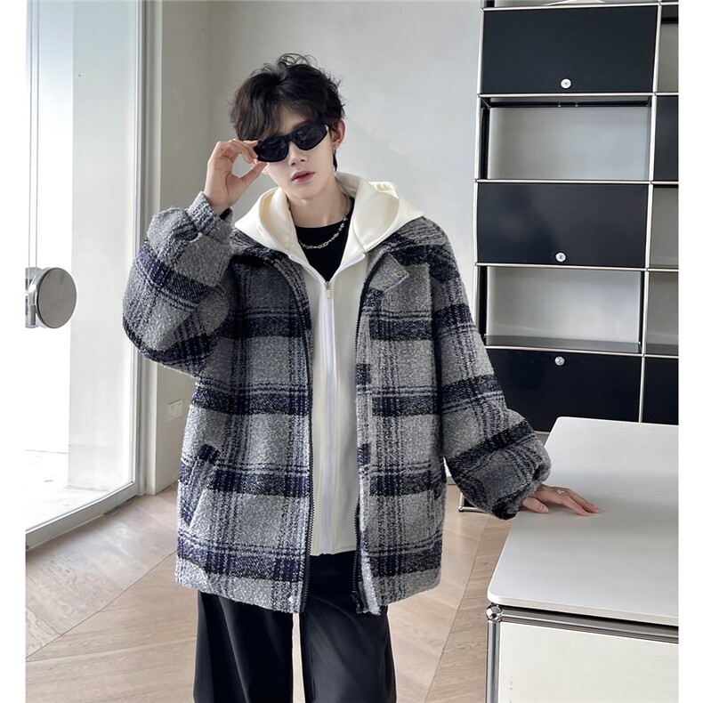 假两件连帽格子毛呢外套男秋冬加厚宽松时尚夹克上衣M896-P135,男装棉衣,电商A170