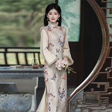 新中式风立领玉兔提花微喇袖口加绒旗袍2654P155，女装汉服/婚纱/旗袍/礼服，乐衣轩