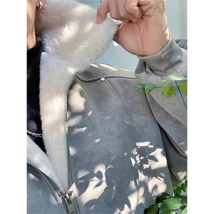 现货重磅硬挺boxy羽绒棉衣座山雕羊羔毛领洗水麂皮棉服冬外套