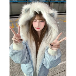 1506-1/M3623/P99韩系双面穿外套猫耳朵设计连帽棉服女图片