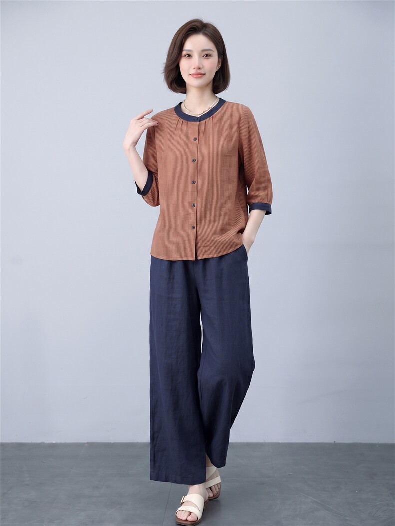 衬衫女撞色条纹宽松透气上衣,女装衬衫,曼沙奕珂