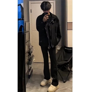 黑色麂皮绒外套男痞帅高级感ootd穿搭潮牌高街短款美式飞行员夹克图片