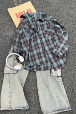 秋季新款格子翻领时尚长袖衬衫外套男舒适宽松C5453-特P30控58，男装衬衫，电商A001-1