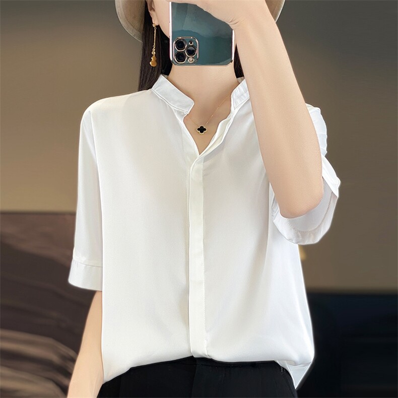 2024年夏装新款衬衫女立领短袖单排扣显瘦气质,女装衬衫,绒宛羊绒