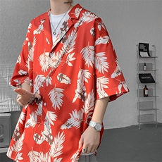 8XL-M冰丝凉感衬衣垂感透气复古花纹宽松男五分袖短袖衬衫CS526，男装T恤，电商D206-1