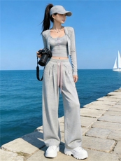 女春新款欧货时尚休闲套装修身显瘦开衫上衣内搭吊带阔腿裤三件套，女装套装/套裙，江南