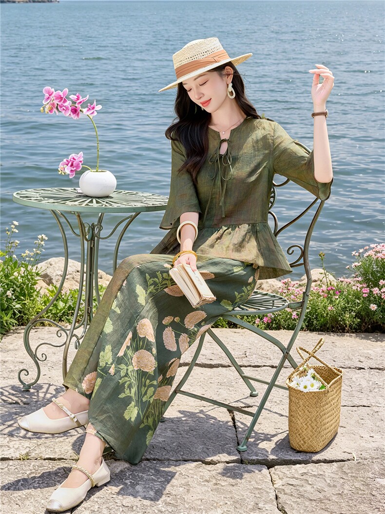 时尚苎麻印花拼接阔腿裤扎染宽松上衣复古风套装女,女装套装/套裙,水衣源