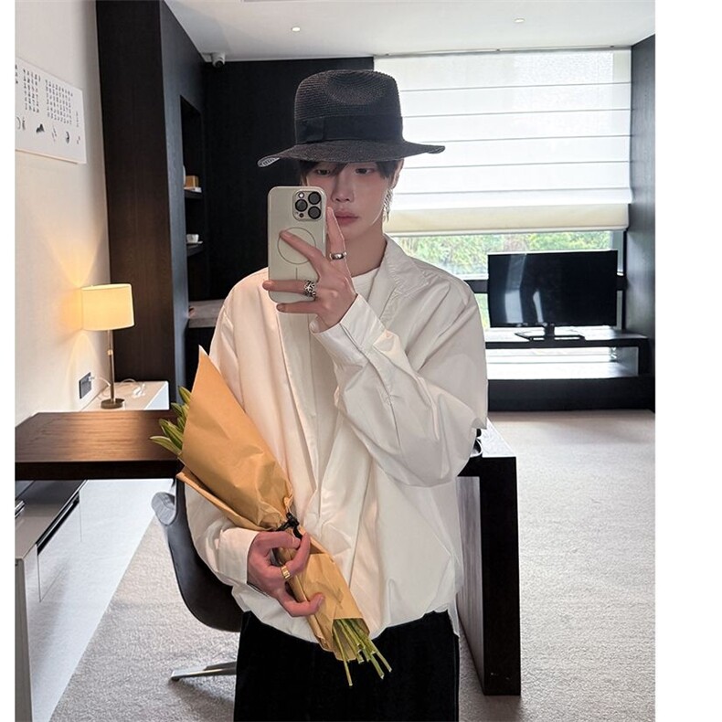 早秋简约假两件拼接设计感衬衫男女小众翻领衬衣外套7723-P52官图，女装衬衫，电商B245