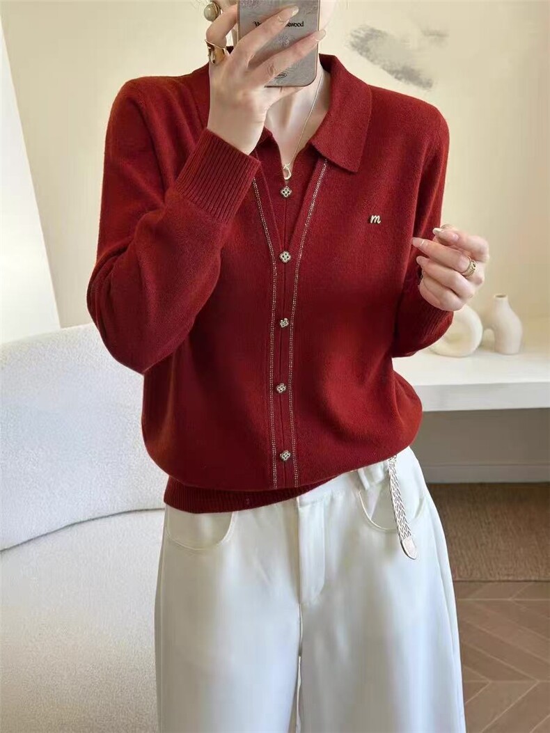 2025年秋季时尚百搭通勤简约休闲小V翻领烫钻套头，女装针织衫/毛衣，暖烁特种纱工厂店