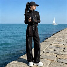 韩版休闲运动套装春季新款女时尚减龄纯色立领卫衣直筒长裤两件套，女装套装/套裙，江南