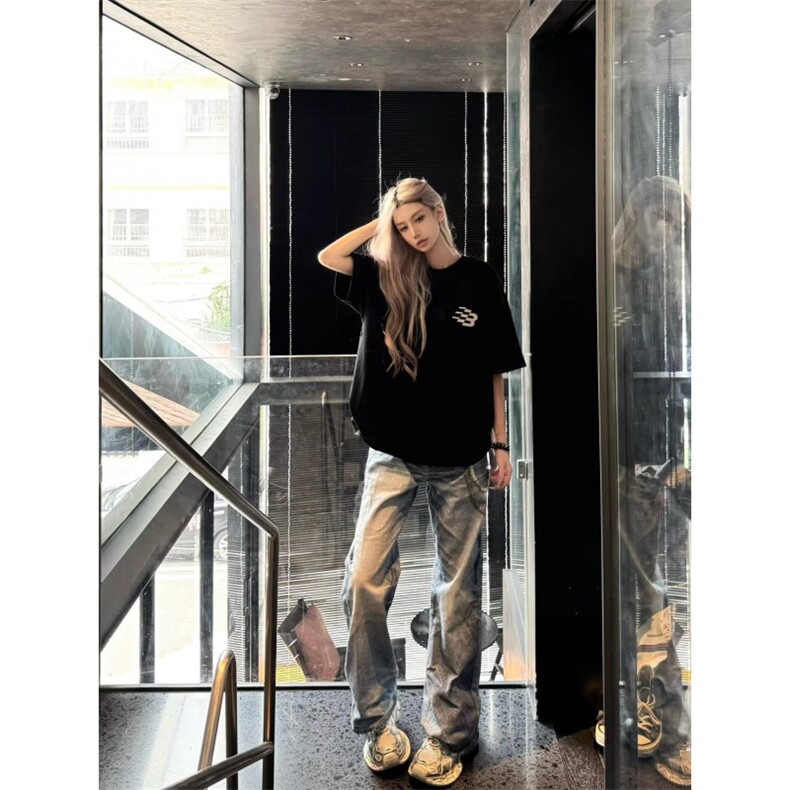 美式复古3D数码印花链条图案牛仔直筒裤男女街头休闲长裤,男装牛仔裤,星座410-6（原星座1304-1）