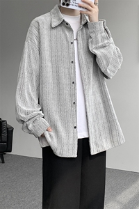 8XL-M人字纹小香风衬衫男生春秋衬衣宽松慵懒垂感外套CS29008P45图片