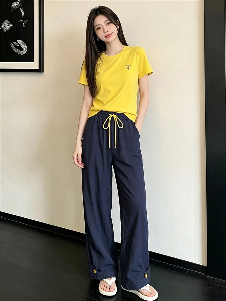 女夏季新款韩版时尚休闲套装修身圆领黄色短袖上衣阔腿长裤两件套,女装套装/套裙,江南