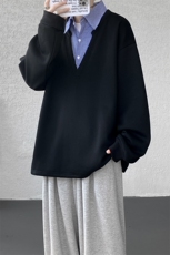 M-8XL假两件格子拼接衬衫领卫衣特大码重磅长袖V领上衣WY5112/P55，男装衬衫，电商B238