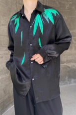 新款中式缎面竹叶印花翻领长袖男女衬衫复古风禅意衬衫C188P80，男装衬衫，电商A345
