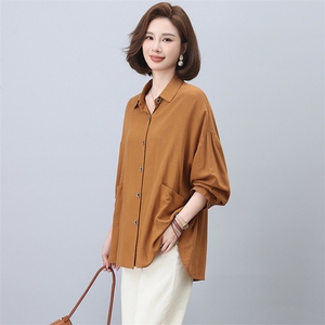 亚麻长袖衬衫女春秋2025年新款中年妈妈大码宽松休闲百搭衬衣上衣图片
