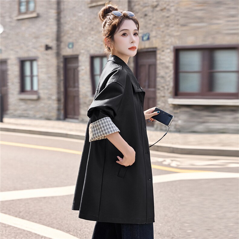 皮衣外套女2025秋季新款气质格纹腕袖中长款上衣,女装皮衣,英标秀（1C119）