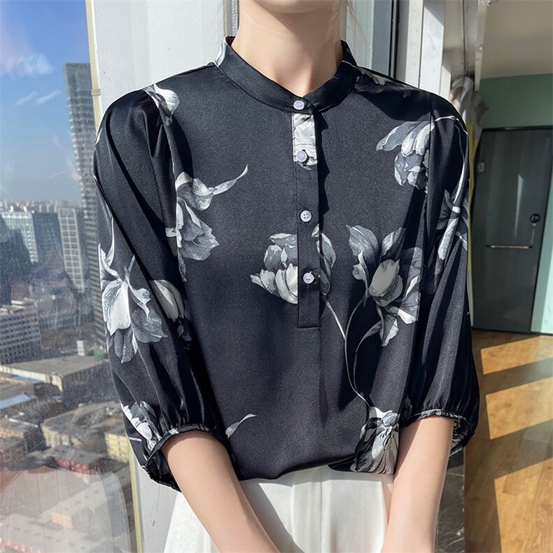 真丝醋酸五分袖衬衫女套头短袖夏季宽松t恤2024新款缎面上衣衬衣，女装衬衫，朝贺羊绒