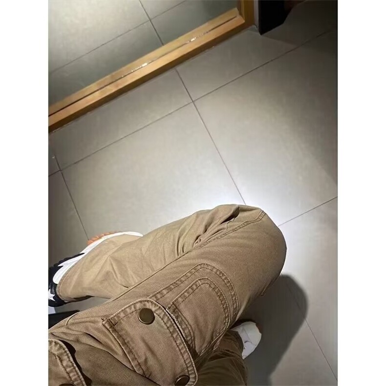 卡其色工装裤春秋新款美式高街直筒牛仔裤男复古垂感微喇叭长裤子,女装休闲裤,星座1210-1