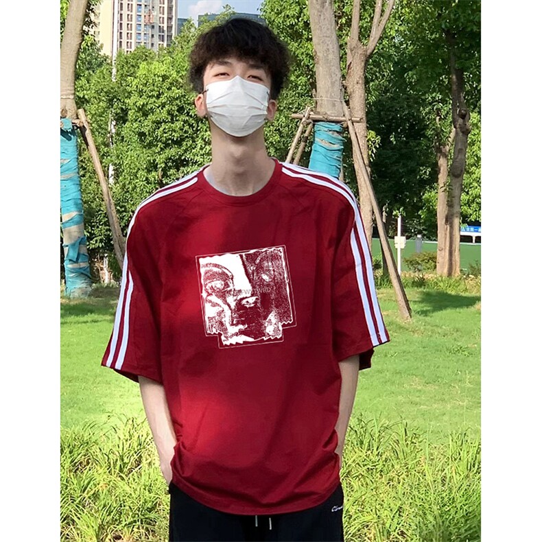 抖音得物高品质二开240克宽松纯棉美式潮牌三条杠织带短袖T恤,男装T恤,电商A486-1