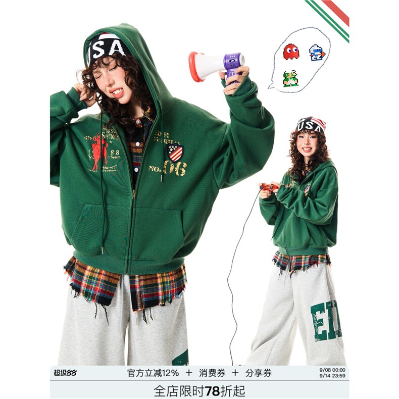 YOUNG STAGE美式复古字母刺绣连帽卫衣女秋宽松百搭做旧帽衫上衣图片