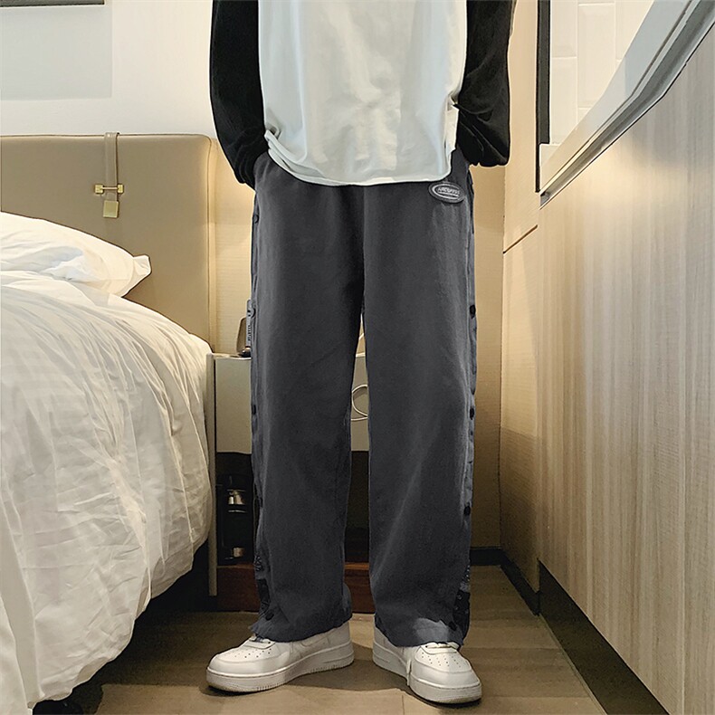 排扣腰果花裤子男春季港风宽松直筒休闲裤ins束脚运动裤K347-P35图片