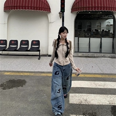 美式覆古设计感小众字母印花牛仔裤女宽松显瘦百搭长裤，男装牛仔裤，星座506A