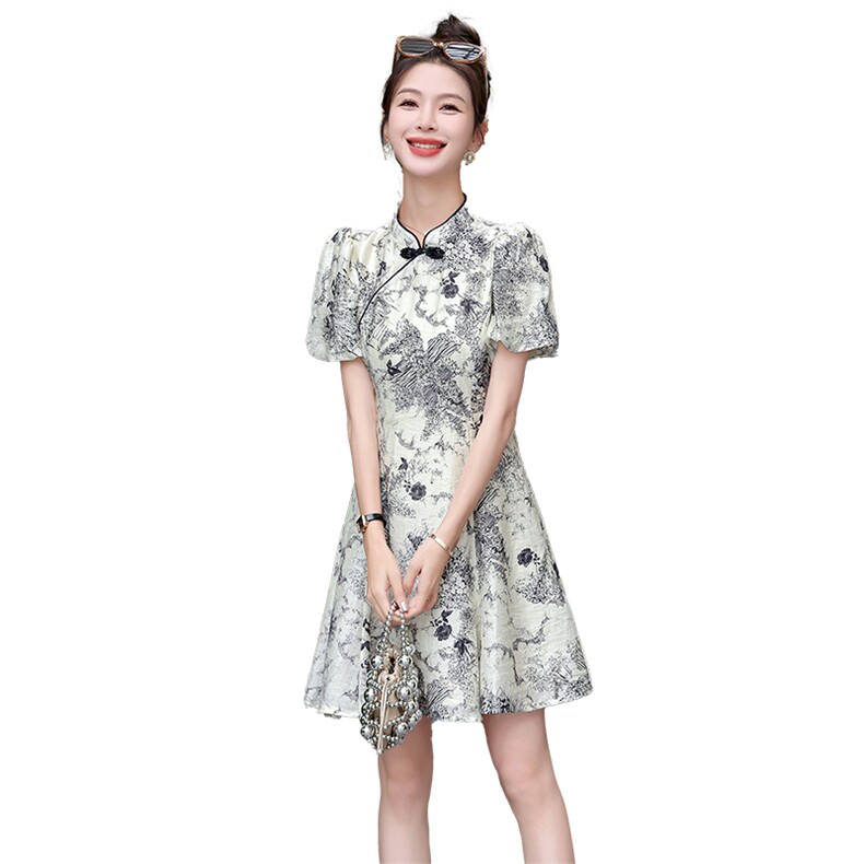 改良旗袍水墨画高腰显瘦连衣裙女2025夏季新款复古国风中长款裙子,女装连衣裙,美沁