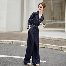 （新款现货）2026春装时尚西装领天丝牛仔阔腿连体裤（配腰带），女装连体裤，印象茜