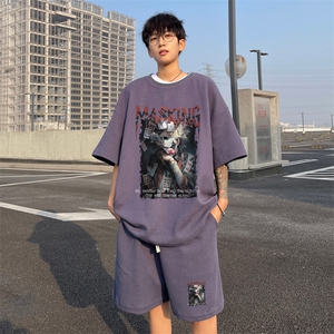 ！2025夏季新款男士潮流华夫格短袖T恤套装学生一套HTZ106P50图片