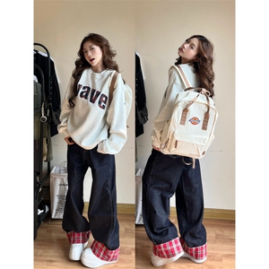 【有货】美式格子拼接卷边牛仔裤男女阔腿裤子高街NZ011LL-特P48图片