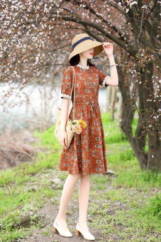 现货，夏季新款，棉麻连衣裙，女装连衣裙，金典明美