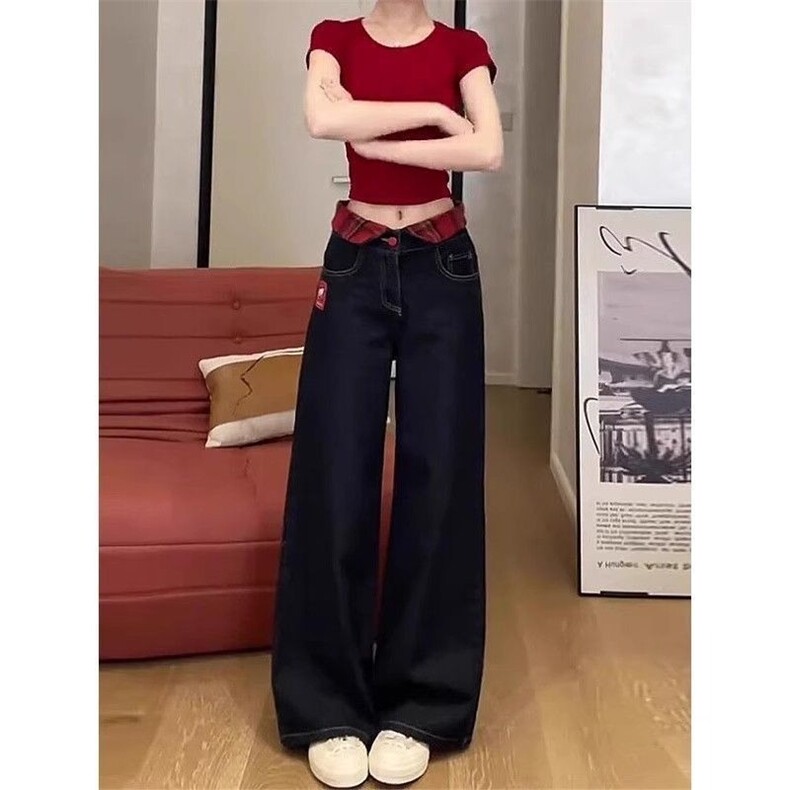 kt猫刺绣黑色直筒牛仔裤女2026春季新款小个子高腰宽松阔腿长裤子,男装牛仔裤,星座1210-1