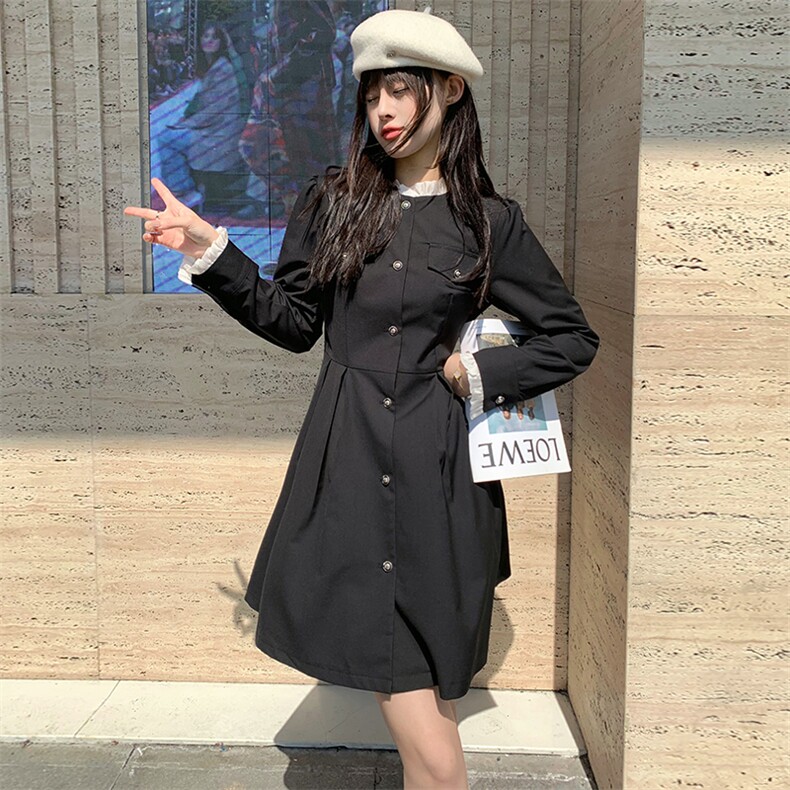 现货2024年春季新款女时尚气质优雅拼木耳边显瘦网红连衣裙,女装连衣裙,煊芮熙
