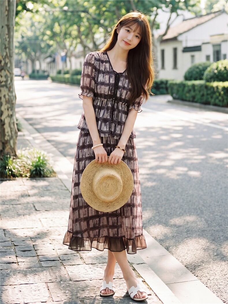 时尚休闲格纹显瘦系带上衣木耳边半裙超仙两件套女,女装套装/套裙,水衣源
